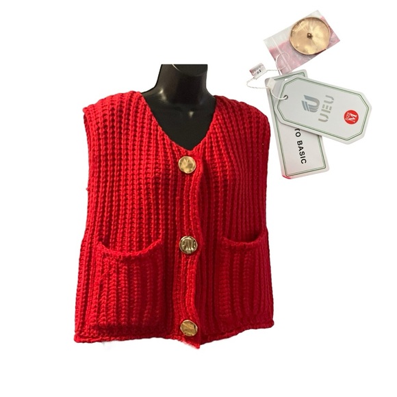 UEU Sleeveless Red Cropped Knit Cardigan Crochet Sweater SZ M Women Vest Western - Picture 2 of 6